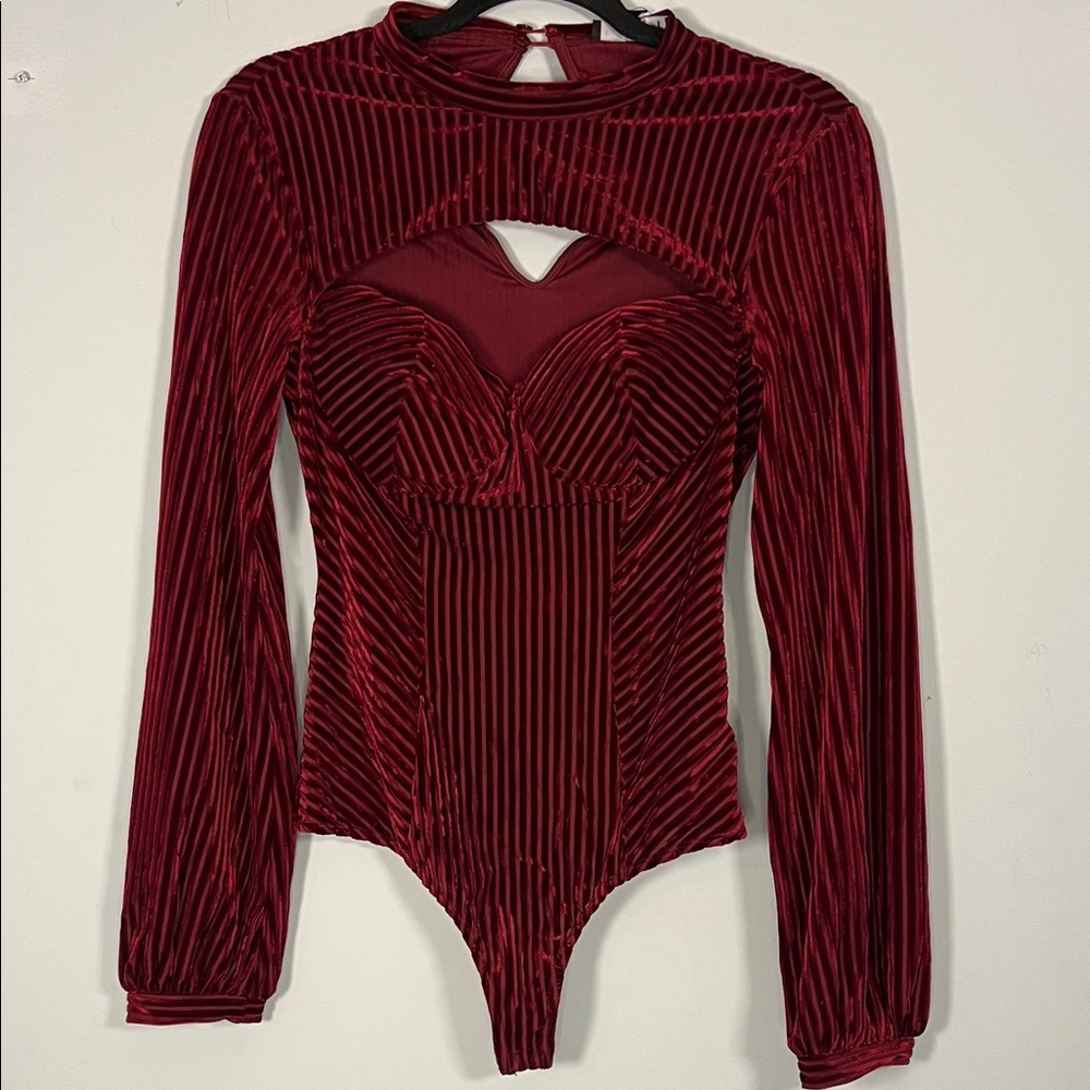 NWT Lulu's Women's Deep Red Velvet Ribbed Cutout Elegant Long Sleeve Bodysuit